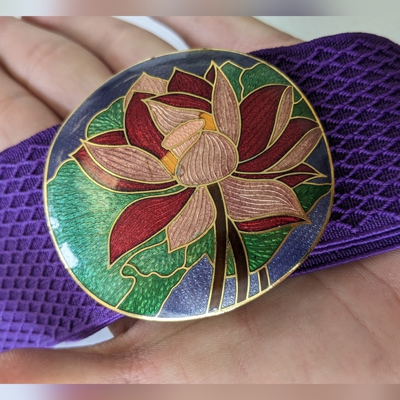 VTG LRG CLOISONNE BUCKLE BRIGHT PURPLE STRETCH BELT - Picture 1 of 15